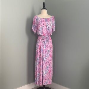 Lilly Pulitzer Pink and White Ruffled Off-Shoulder Maxi Dress